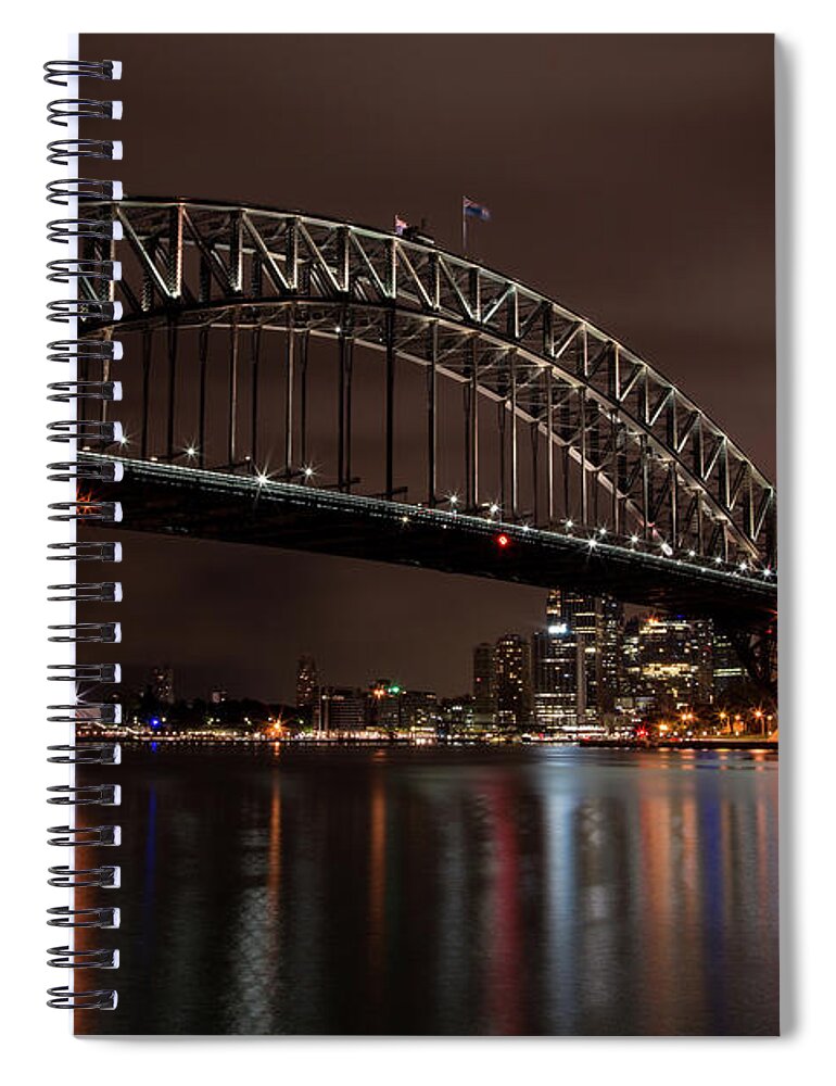 Sydney Spiral Notebook featuring the photograph Sydney Harbor at Night with Train by John Daly