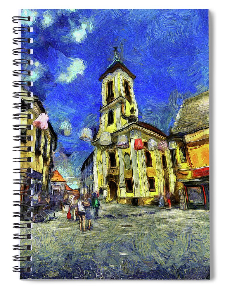 Impressionist Spiral Notebook featuring the mixed media Szentendre Town Budapest Van Gogh by David Pyatt