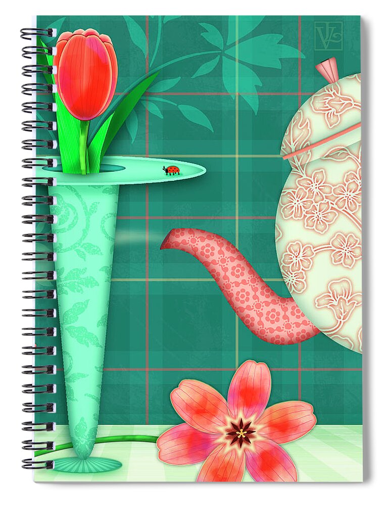 Letter T Spiral Notebook featuring the digital art T is for Two Tulips with Tea by Valerie Drake Lesiak