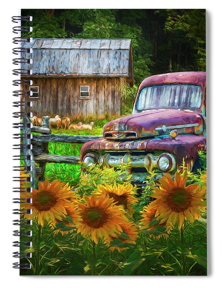 1940s Spiral Notebook featuring the photograph Take us for a Ride in the Sunflower Patch Oil Painting by Debra and Dave Vanderlaan