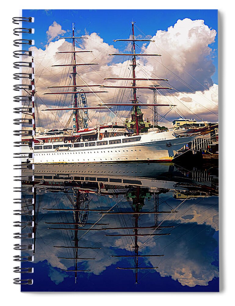 Boats Spiral Notebook featuring the photograph Tall Ship Blues Watercolor Painting by Debra and Dave Vanderlaan