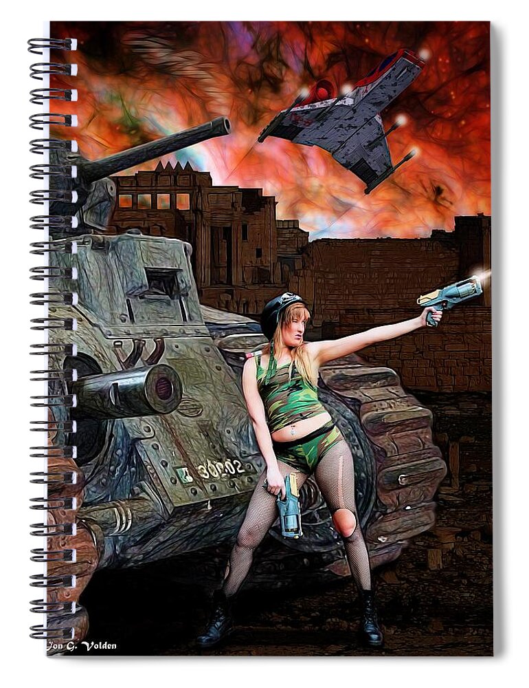 Fantasy Spiral Notebook featuring the painting Tank Girl in Action by Jon Volden