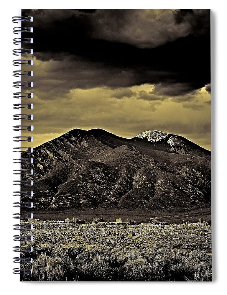 Taos Spiral Notebook featuring the photograph Taos mountain in gold tone by Charles Muhle