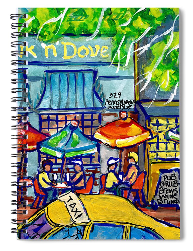 Washington Spiral Notebook featuring the painting Taxi Cab To The Hawk N Dove Pub Capitol Hill Sidewalk Patio American Watercolor Streetscene Cspandau by Carole Spandau