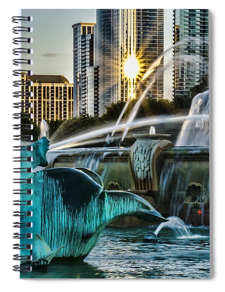 Buckingham Fountain Spiral Notebook featuring the photograph telephoto look at Chicago's Buckingham Fountain by Sven Brogren