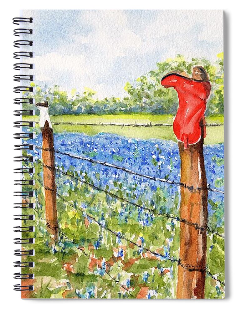 Texas Spiral Notebook featuring the painting Texas Bluebonnets Boot Fence by Carlin Blahnik CarlinArtWatercolor