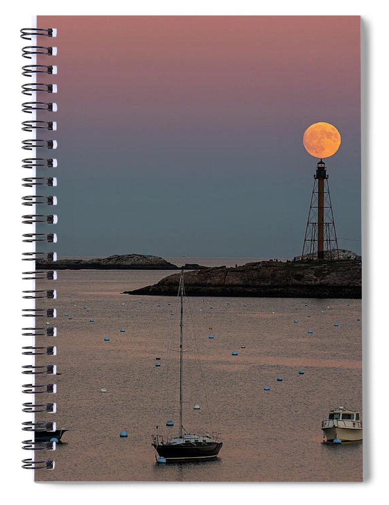 Marblehead Spiral Notebook featuring the photograph The 2016 Supermoon balancing on the Marblehead Light Tower in Marblehead MA by Toby McGuire