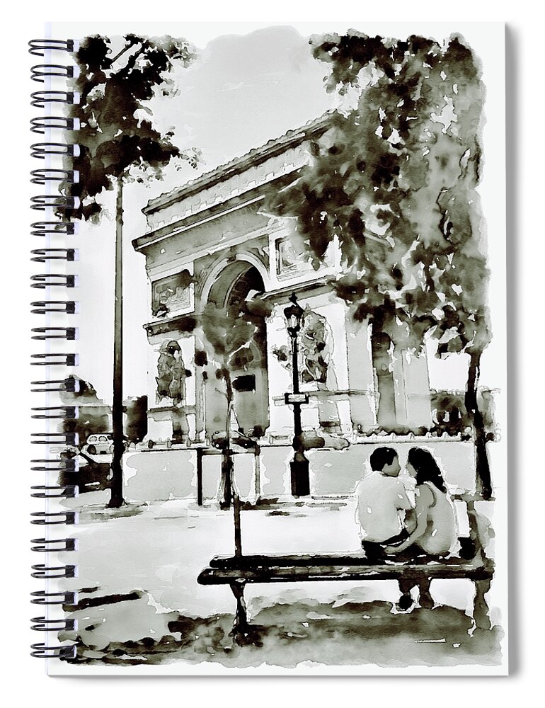 Marian Voicu Spiral Notebook featuring the painting The Arc de Triomphe Paris Black and White by Marian Voicu
