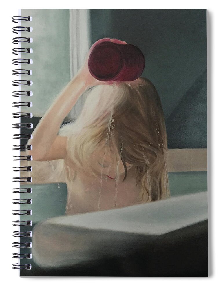 Child; Water; Bathing; Tub; Contemplation; Hair; Pouring Water Spiral Notebook featuring the painting The Bath by Marg Wolf