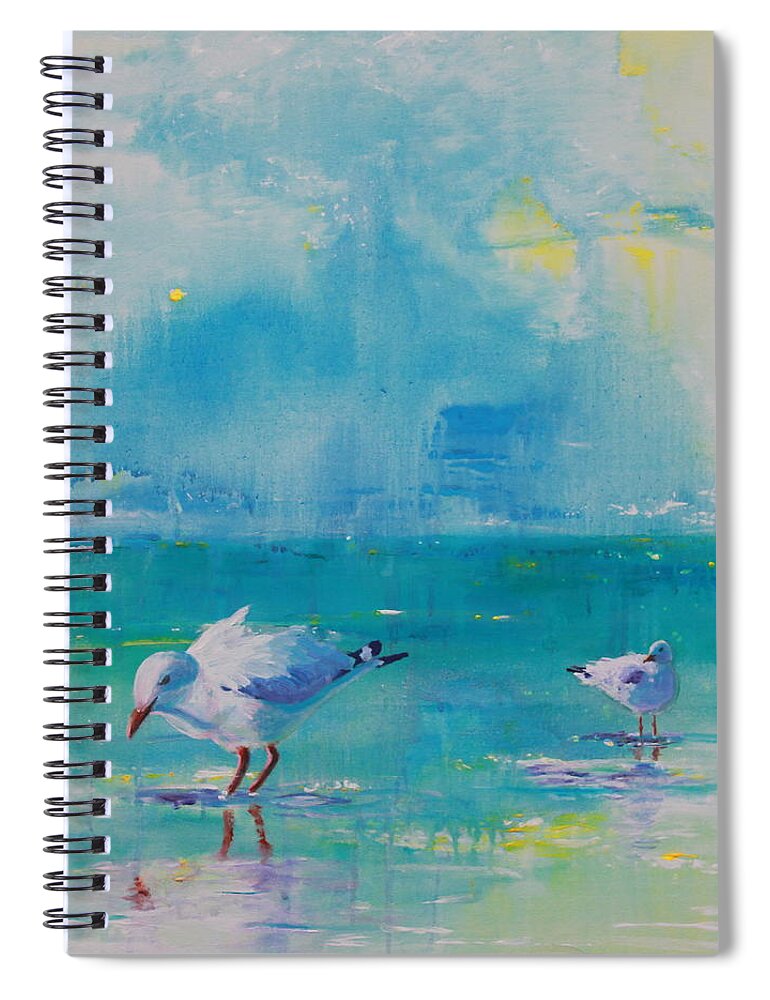 Gulls Spiral Notebook featuring the painting The Beach Boys by Ruth Kamenev