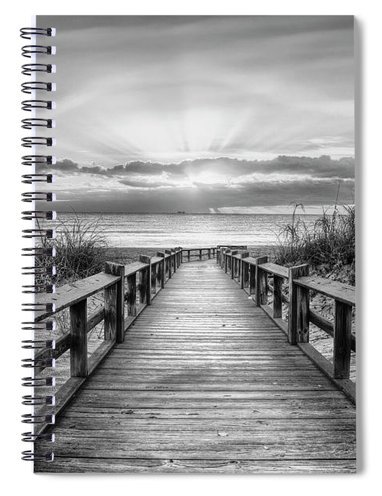 Black Spiral Notebook featuring the photograph The Beach is Calling Black and White by Debra and Dave Vanderlaan