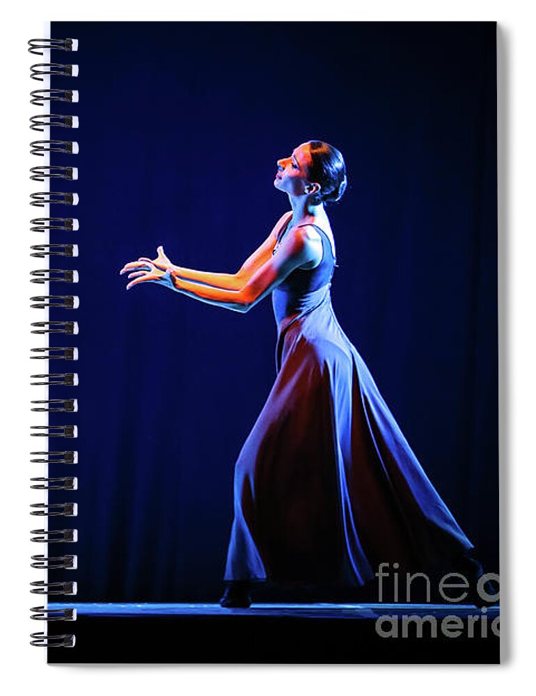 Ballet Spiral Notebook featuring the photograph The beautiful ballerina dancing in blue long dress by Dimitar Hristov