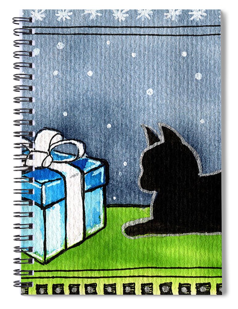 The Box Is Mine Spiral Notebook featuring the painting The Box Is Mine - Christmas Cat by Dora Hathazi Mendes