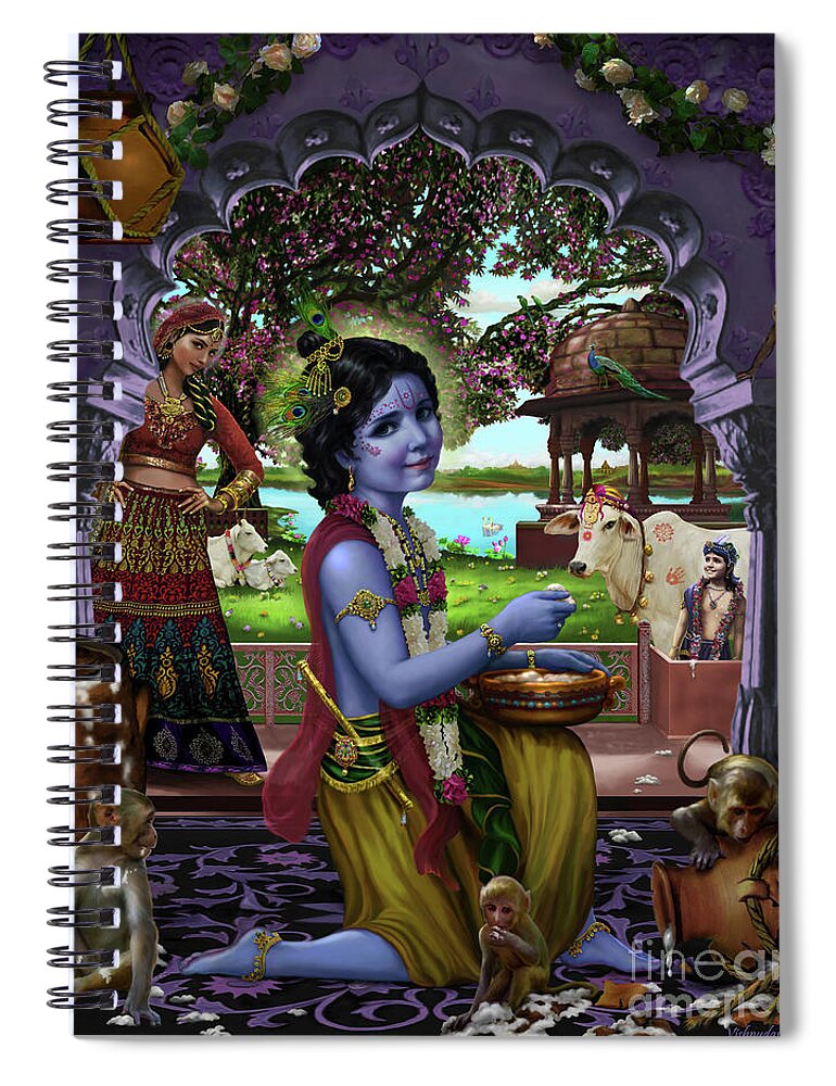 Art India Spiral Notebook featuring the mixed media Krishna the Butter Thief - Makhan Chor by Vishnu Das
