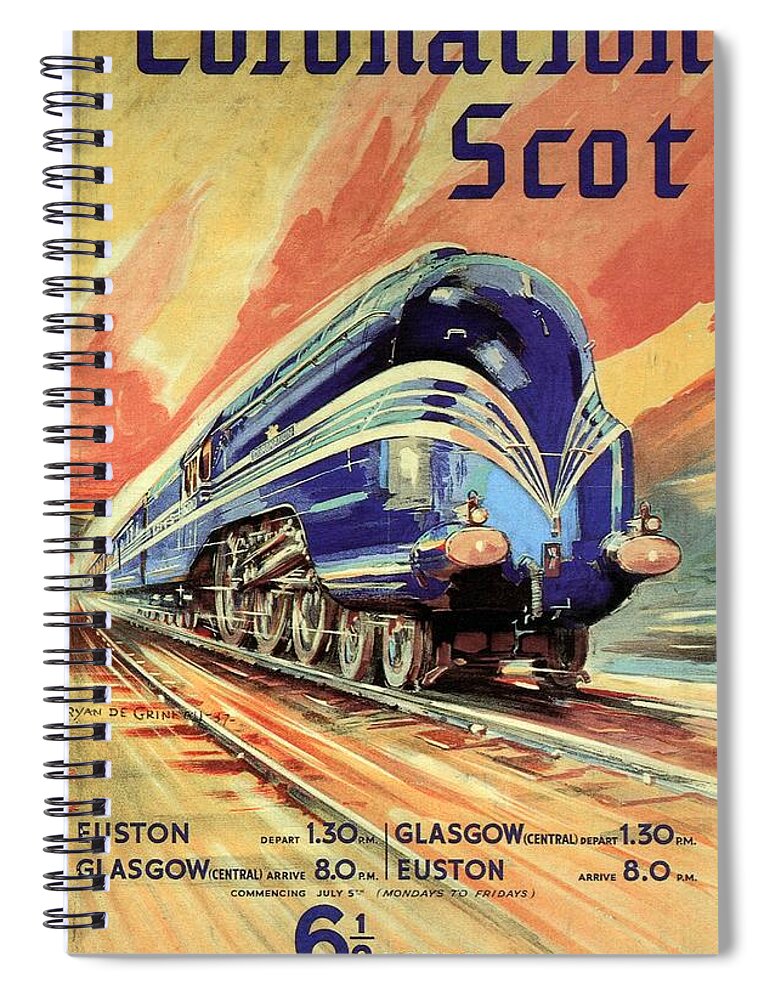 Vintage Locomotive Spiral Notebook featuring the painting The Coronation Scot - Vintage Blue Locomotive Train - Vintage Travel Advertising Poster by Studio Grafiikka