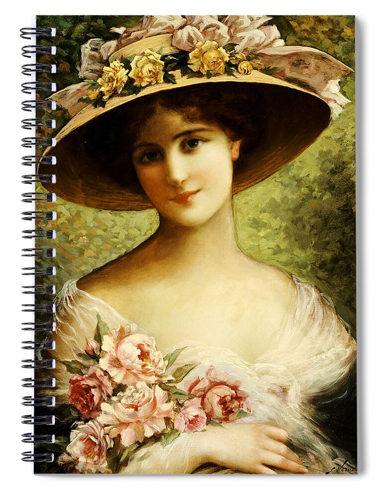 The Fancy Bonnet (oil On Canvas) By Emile Vernon (1872-1919) Rose Spiral Notebook featuring the painting The Fancy Bonnet by Emile Vernon