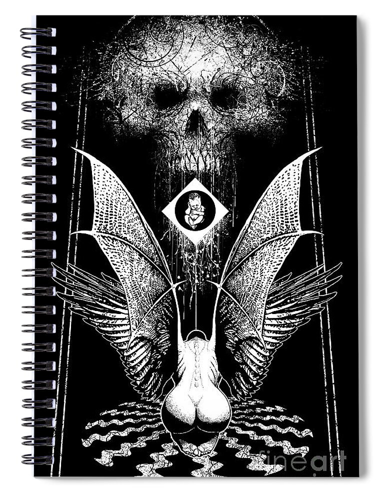 Woman; Death; Birth; Wings; Balance; The Flow; Tony Koehl; Sketch The Soul; Splatter; Drips; Skull; Bow Spiral Notebook featuring the mixed media The Flow by Tony Koehl