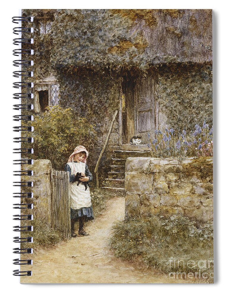 Cottage; English; Landscape; Rural; Girl; Child; C19th; C20th; Path; Bonnet; Kitten; Cat; Ivy; Creeper; Victorian Spiral Notebook featuring the painting The Garden Gate by Helen Allingham