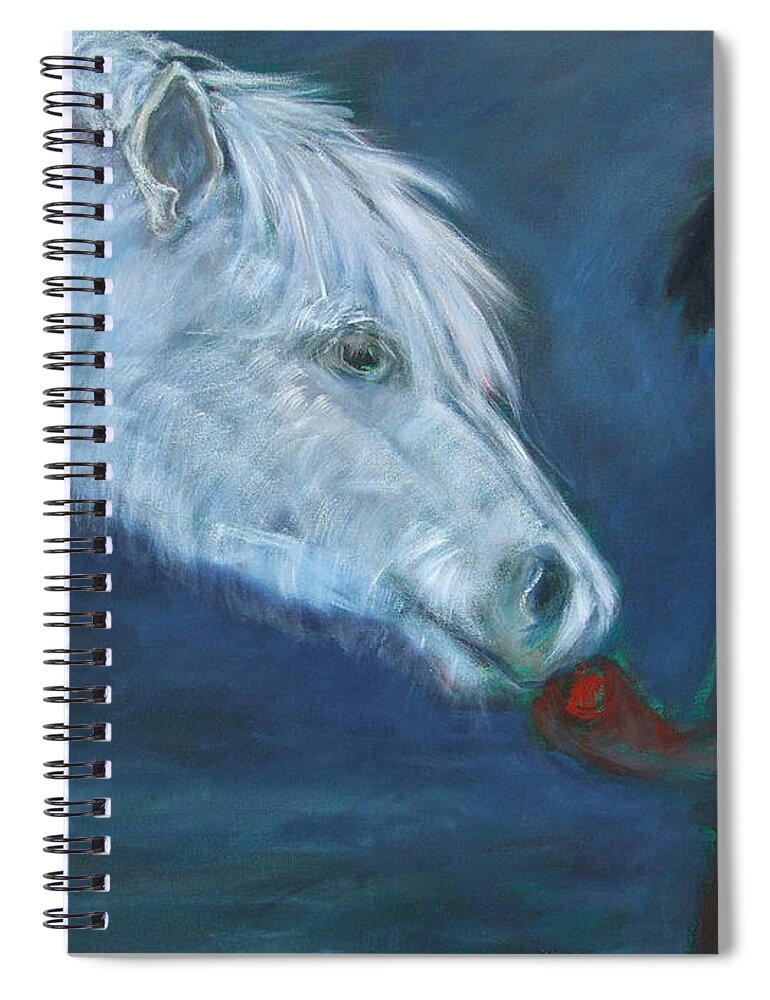 Katt Yanda Original Art Horse Oil Painting Canvas Boy Giving Apple To White Pony Gift Eat Share Spiral Notebook featuring the painting The Gift by Katt Yanda