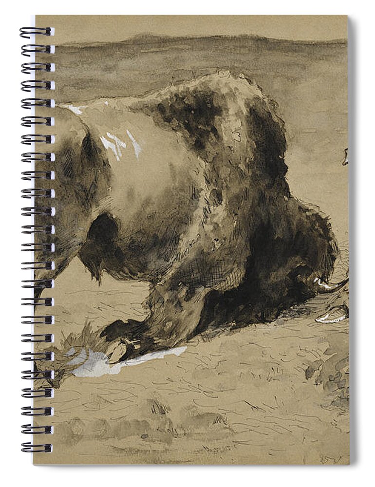 Frederic Remington Spiral Notebook featuring the drawing The Great Beast came crashing to Earth by Frederic Remington