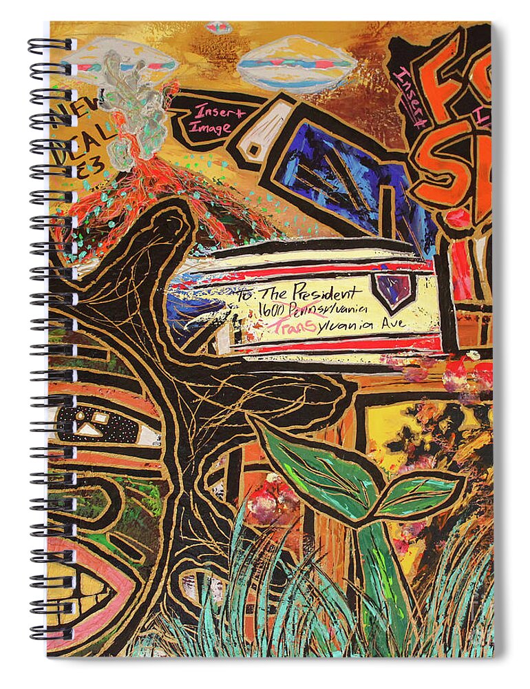 A Retrospective Look At The New Deal Of 1933 Spiral Notebook featuring the painting THE GREAT DELUGE circa 2018 by Odalo Wasikhongo
