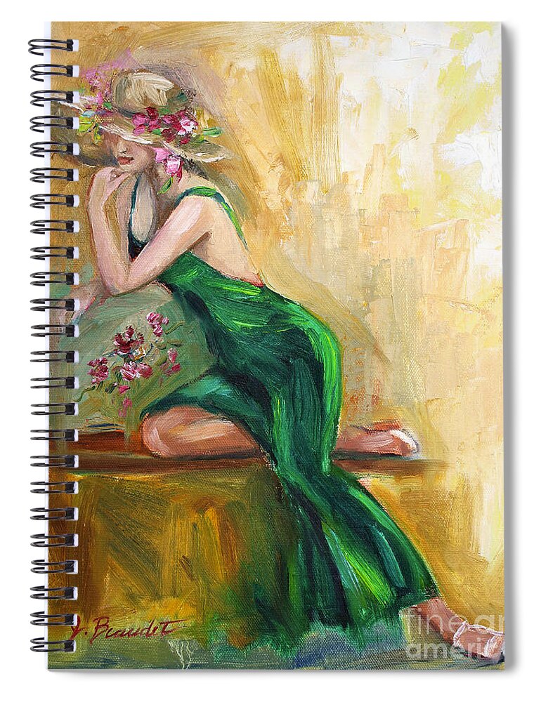 Woman In Dress Spiral Notebook featuring the painting The Green Charmeuse by Jennifer Beaudet