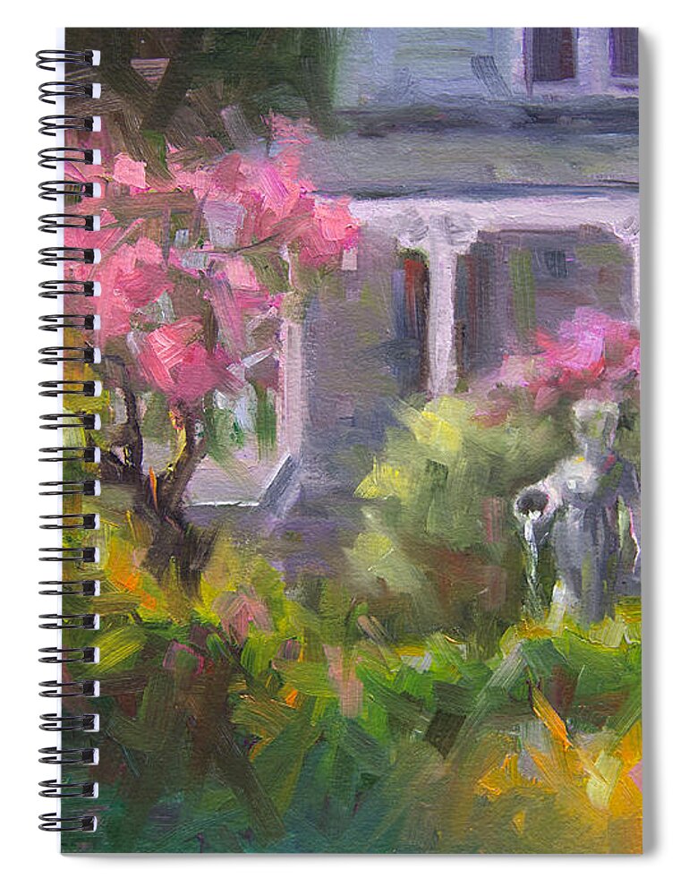 Lilac Spiral Notebook featuring the painting The Guardian - plein air lilac garden by Talya Johnson