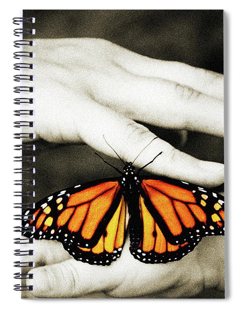 Monarch Butterfly Spiral Notebook featuring the photograph The Hands And The Butterfly by Andee Design