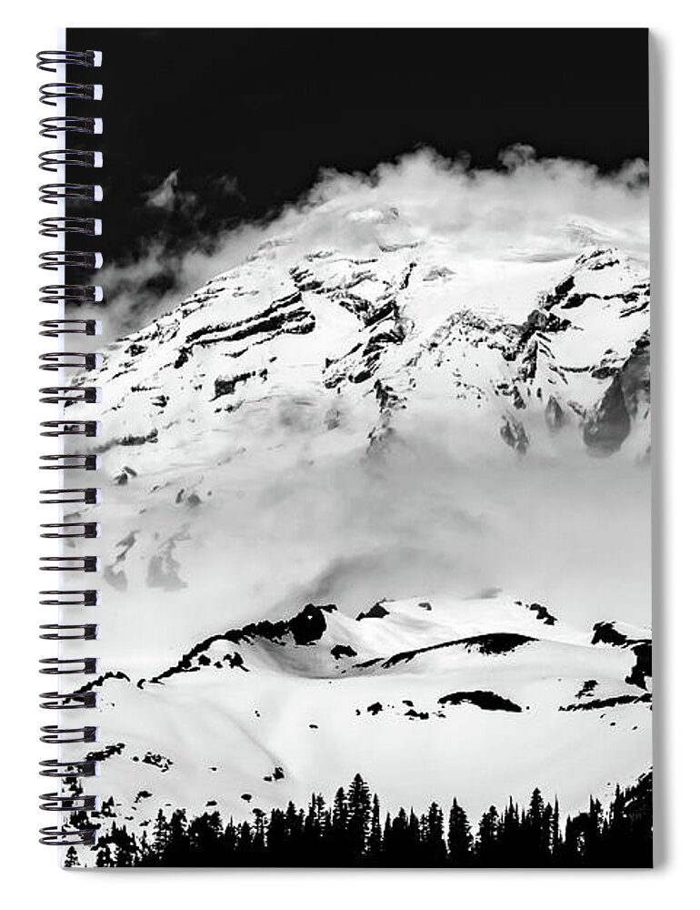 Mount Rainier Spiral Notebook featuring the photograph The Immovable Object, Black and White by Adam Morsa