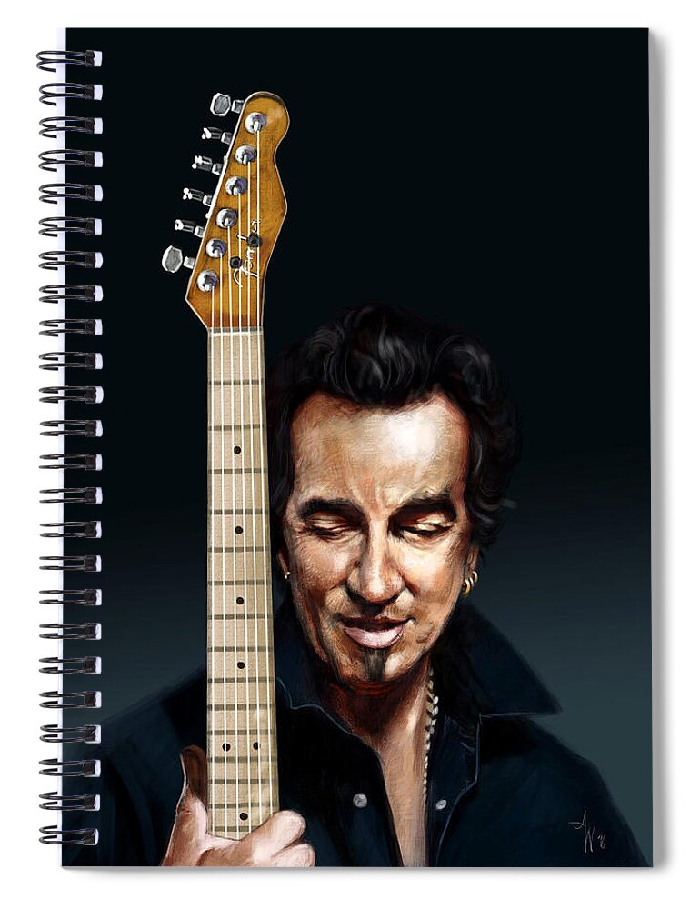 Bruce Springsteen Spiral Notebook featuring the painting The Man and His Guitar by Arie Van der Wijst
