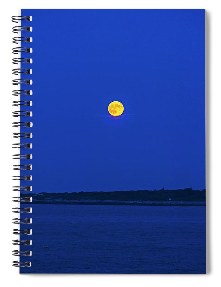 Rockport Spiral Notebook featuring the photograph The moon rises over Thacher Island Lighthouse Rockport MA Two Lighthouses by Toby McGuire