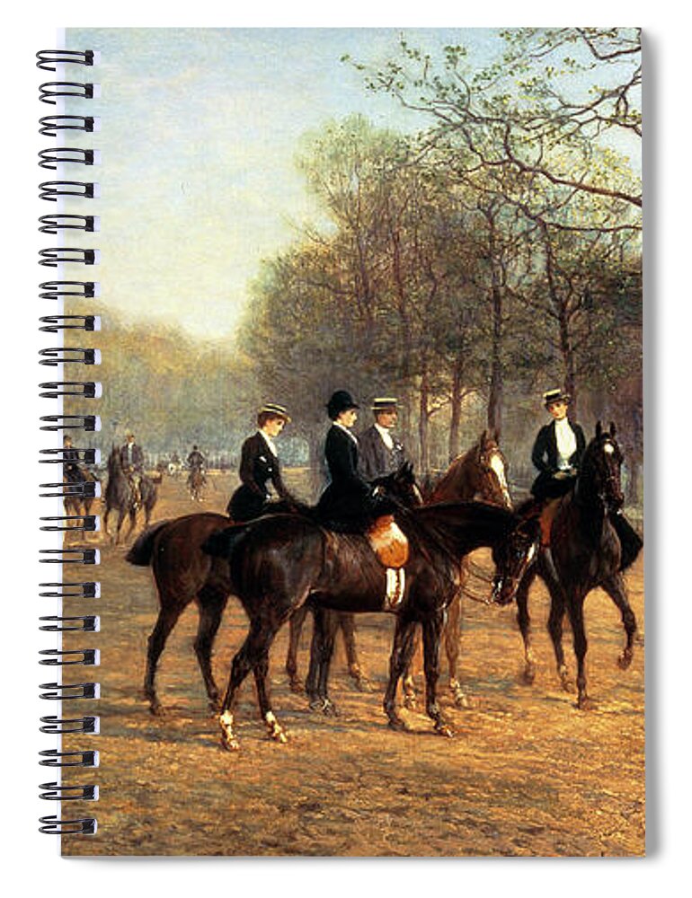 Riding; Exercise; Social; London; Horse; Rider; Leisure Spiral Notebook featuring the painting The Morning Ride Rotten Row Hyde Park by Heywood Hardy