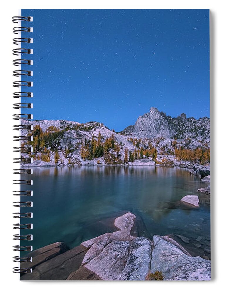 Enchantments Spiral Notebook featuring the digital art The Night in Leprechaun Lake by Michael Lee