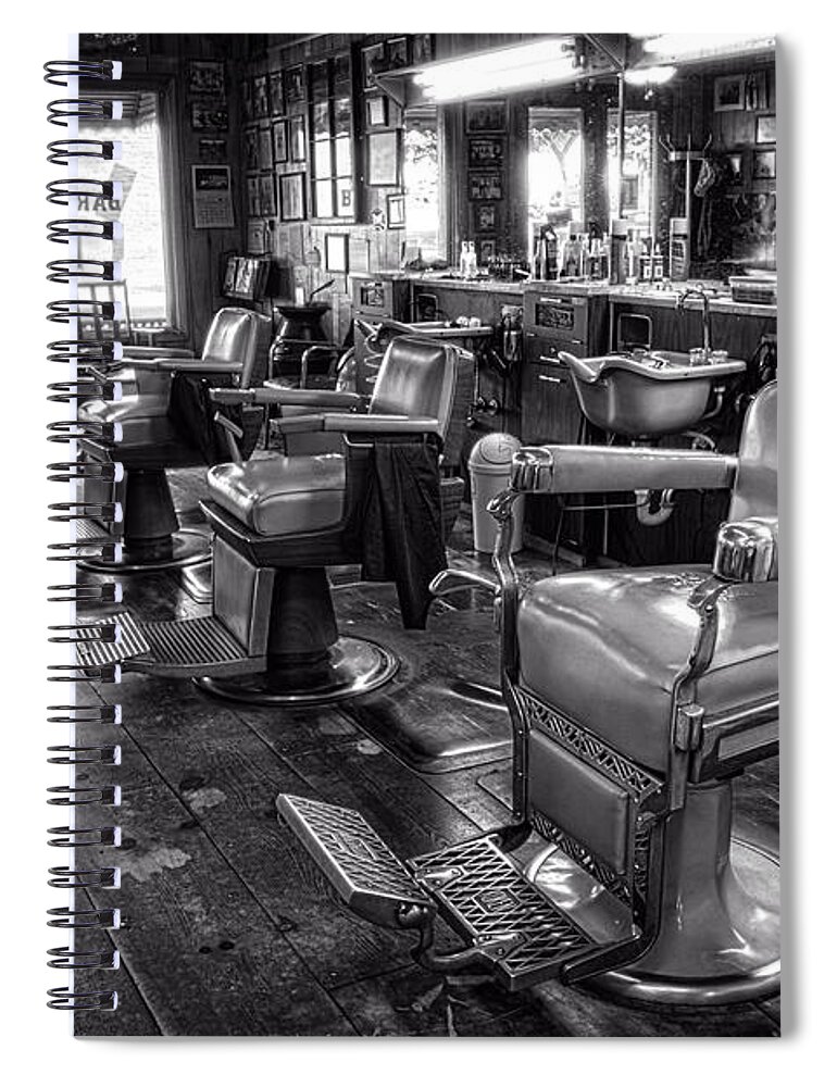 Barber Chair Spiral Notebook featuring the photograph The Old City Barber Shop in Black and White by Greg and Chrystal Mimbs