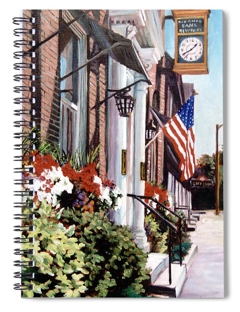 Historic Town Spiral Notebook featuring the painting The Old Clock by Marie Witte