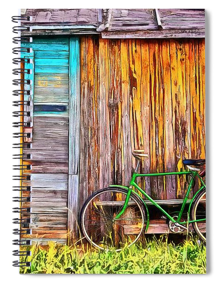 Bike Spiral Notebook featuring the painting The Old Green Bicycle by Edward Fielding