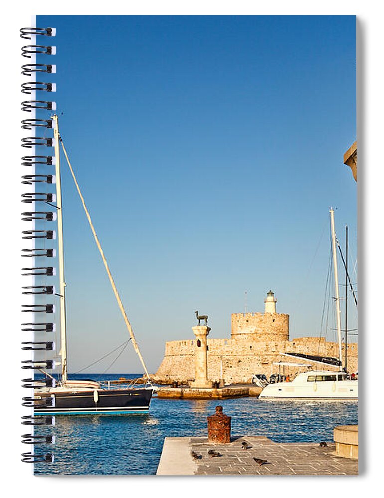 Aegean Spiral Notebook featuring the photograph The old port of Rhodes - Greece by Constantinos Iliopoulos