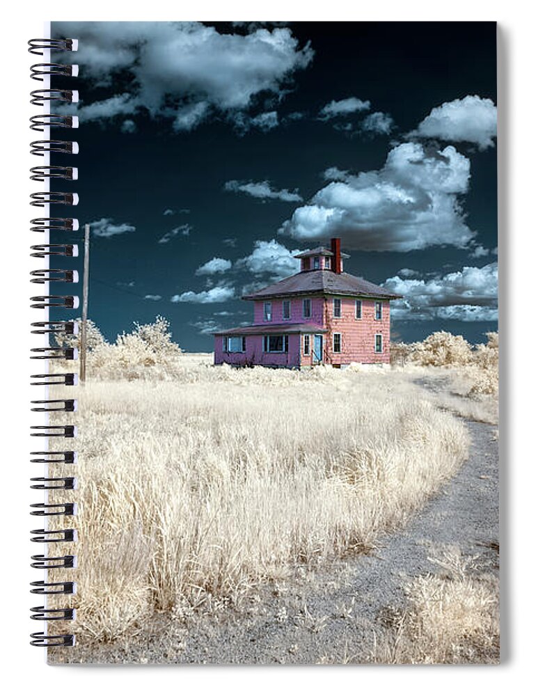 Hale Spectrum Halespectrum Halespectrum2.0 2.0 Clouds Cloudy Bush Bushes Trees Sky Grass Color Infrared Colour Ir Infra Red Outside Outdoors Nature Natural Partial Architecture Brian Hale Brianhalephoto Ma Mass Massachusetts U.s.a. Usa The Pink House Cape Elizabeth Plum Island Double Exposure Iconic Historic Spiral Notebook featuring the photograph The Pink House in HaleSpectrum 1 by Brian Hale