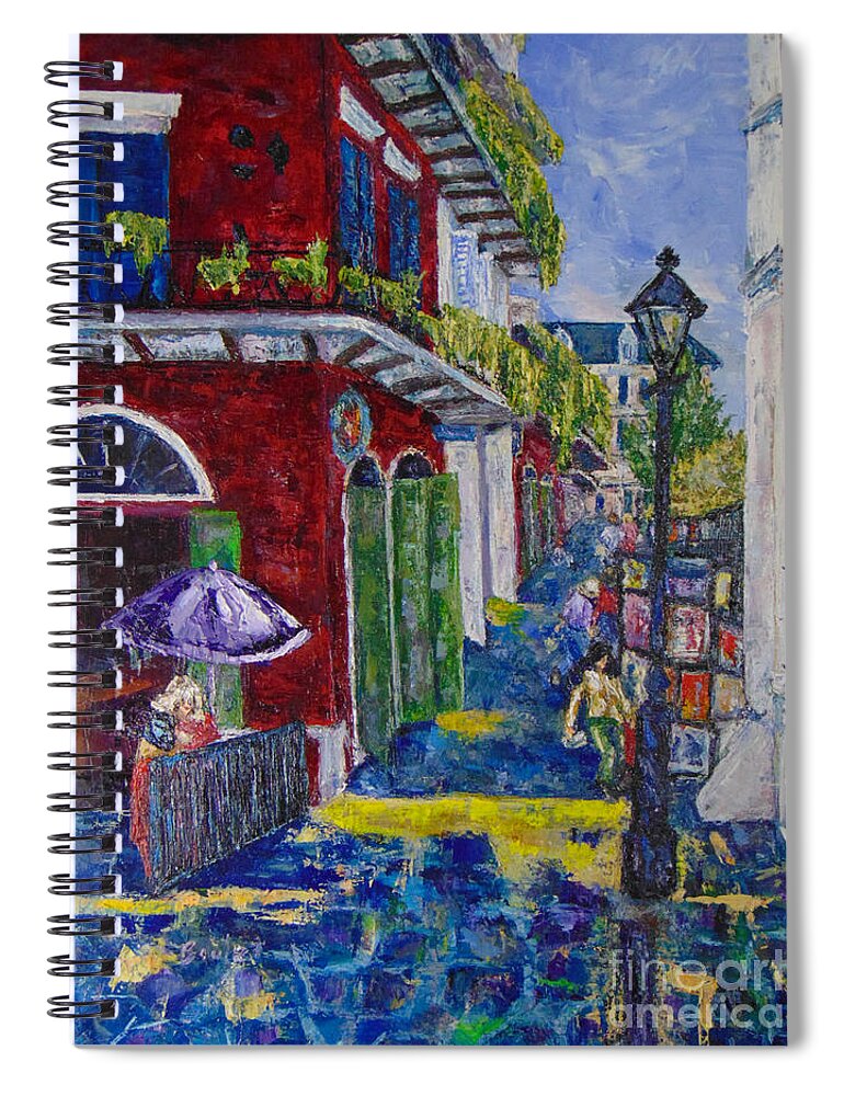 Cityscape Spiral Notebook featuring the painting The Purple Umbrella    Pirates Alley by Beverly Boulet