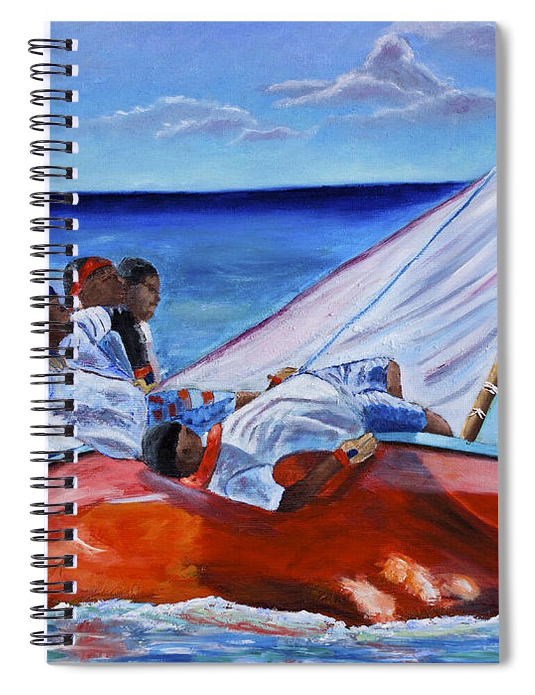 Red Sail Boat Spiral Notebook featuring the painting The Red Boat by Laura Forde