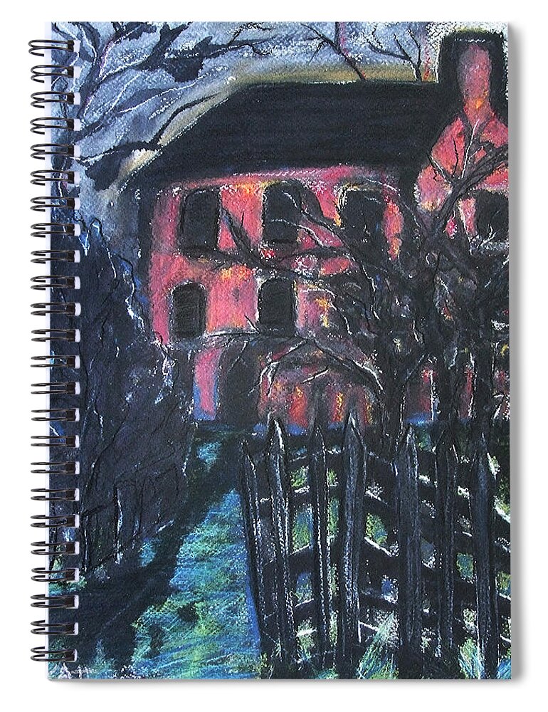 Original Art Pastel Chalk Drawing Red House Tree Fence Spiral Notebook featuring the pastel The Red House by Katt Yanda