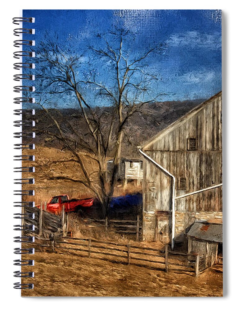 Barn Spiral Notebook featuring the digital art The Red Truck By The Barn by Lois Bryan