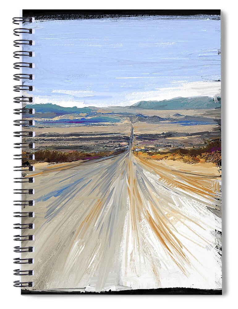 Landscape Spiral Notebook featuring the mixed media The Road Trip by Russell Pierce