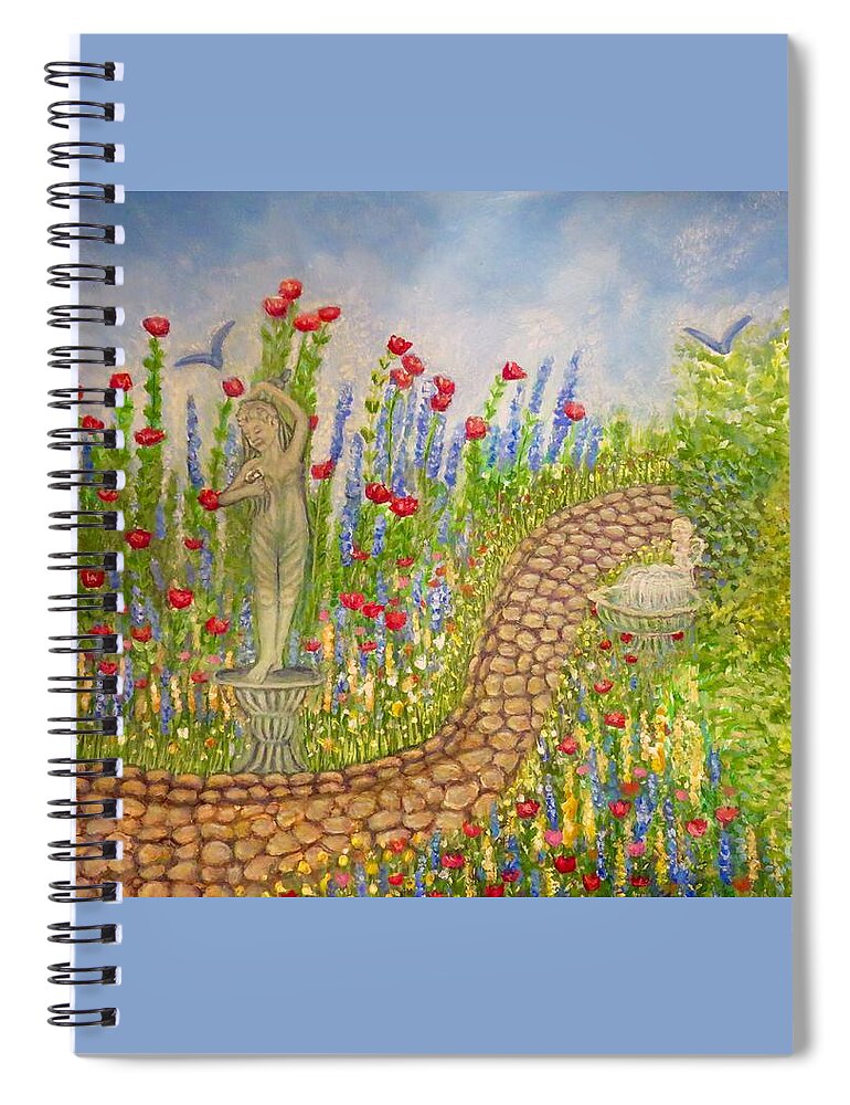 Rose Dancer Statue Feminine Form Angel Fountain Winding Old World Stone Pathway Victorian Red Pink Blue Yellow White Flowers Nature Scene Backyard Garden Victorian And Meadow Gardens Mediation Zen Garden Acrylic And Watercolor Paintings Spiral Notebook featuring the painting The Rose Dancer Garden of Victorian Delight by Kimberlee Baxter