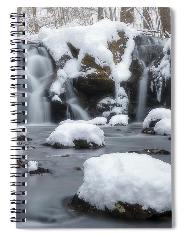 Rutland Ma Mass Massachusetts Waterfall Winter Snow Ice Water Falls Nature New England Newengland Outside Outdoors Natural Old Mill Site Woods Forest Secluded Hidden Secret Dreamy Long Exposure Brian Hale Brianhalephoto Snowing Peaceful Serene Serenity Spiral Notebook featuring the photograph The Secret Waterfall in Winter 1 by Brian Hale