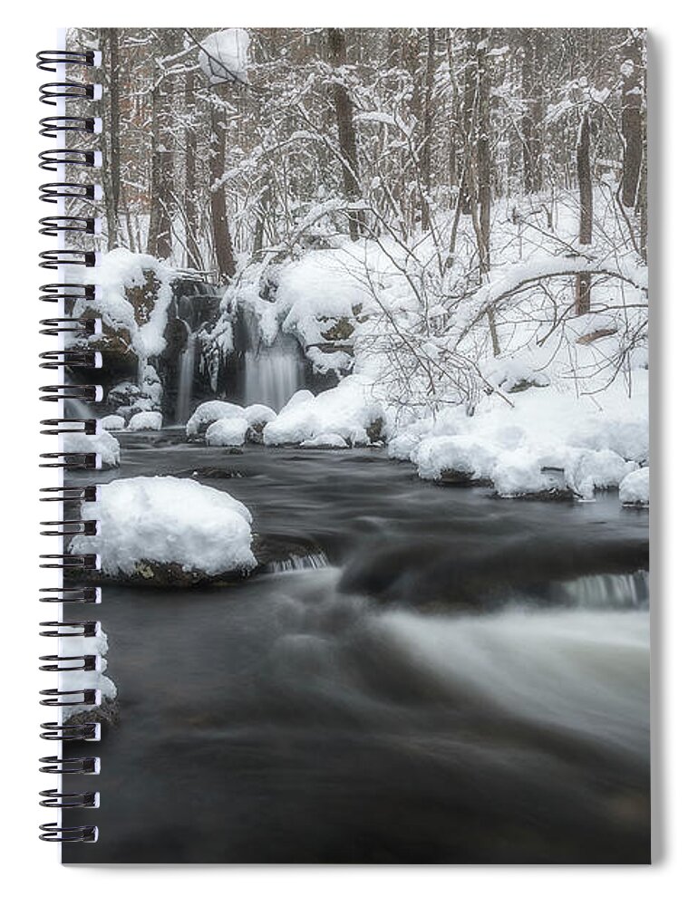 Rutland Ma Mass Massachusetts Waterfall Winter Snow Ice Water Falls Nature New England Newengland Outside Outdoors Natural Old Mill Site Woods Forest Secluded Hidden Secret Dreamy Long Exposure Brian Hale Brianhalephoto Snowing Peaceful Serene Serenity Spiral Notebook featuring the photograph The Secret Waterfall in Winter 2 by Brian Hale