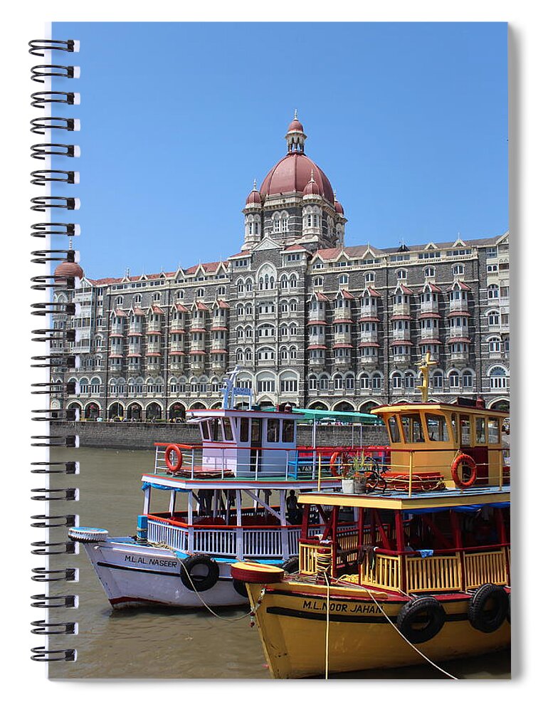 Taj Palace Spiral Notebook featuring the photograph The Taj Palace Hotel and Boats, Mumbai by Jennifer Mazzucco