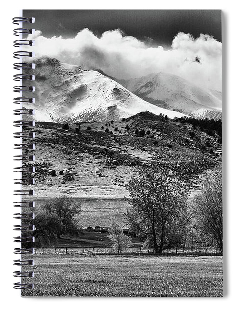 Longs Peak Spiral Notebook featuring the photograph The Twin Peaks - Mt Meeker and Longs Peak Hang-in BW by James BO Insogna