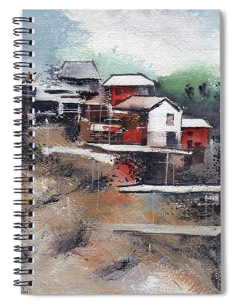 Nature Spiral Notebook featuring the painting The Village by Anil Nene