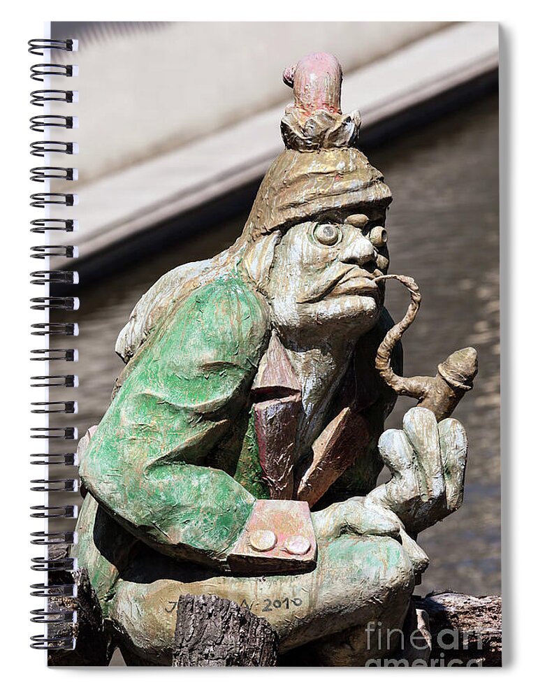 Prague Spiral Notebook featuring the photograph The water goblin statue guarding Velkoprerovsky Mill on Certovka or Devil's stream. Prague, Czech Republic by Michal Bednarek